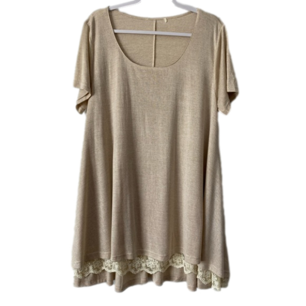 Women's 1XL Cottagecore‎ Hi Lo Knit Lace Tunic Top Boho Lagenlook Neutral